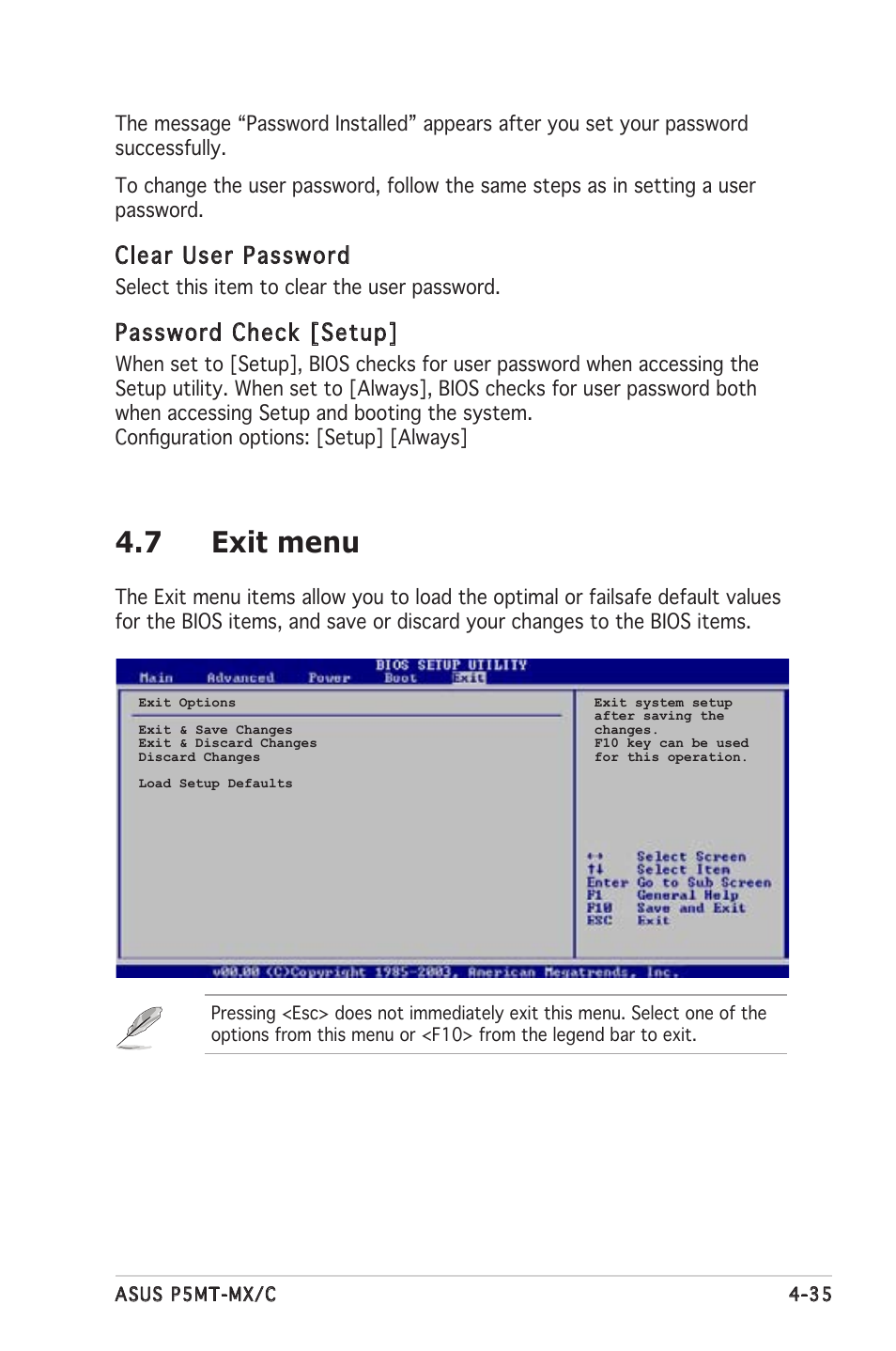 7 exit menu, Clear user password, Password check [setup | Asus P5MT-MX/C User Manual | Page 93 / 156