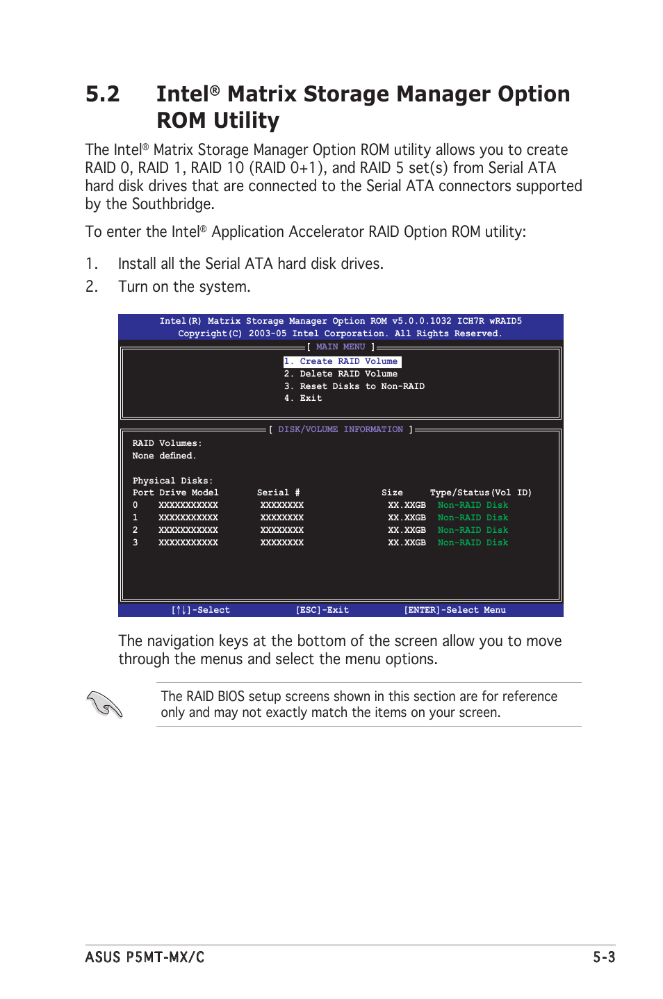 2 intel, Matrix storage manager option rom utility, The intel | Asus P5MT-MX/C User Manual | Page 99 / 156