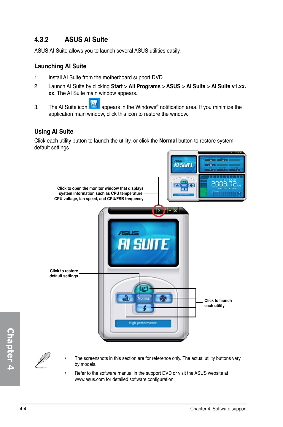 2 asus ai suite, Asus ai suite -4, Chapter 4 | Asus P7P55D EVO User Manual | Page 102 / 128