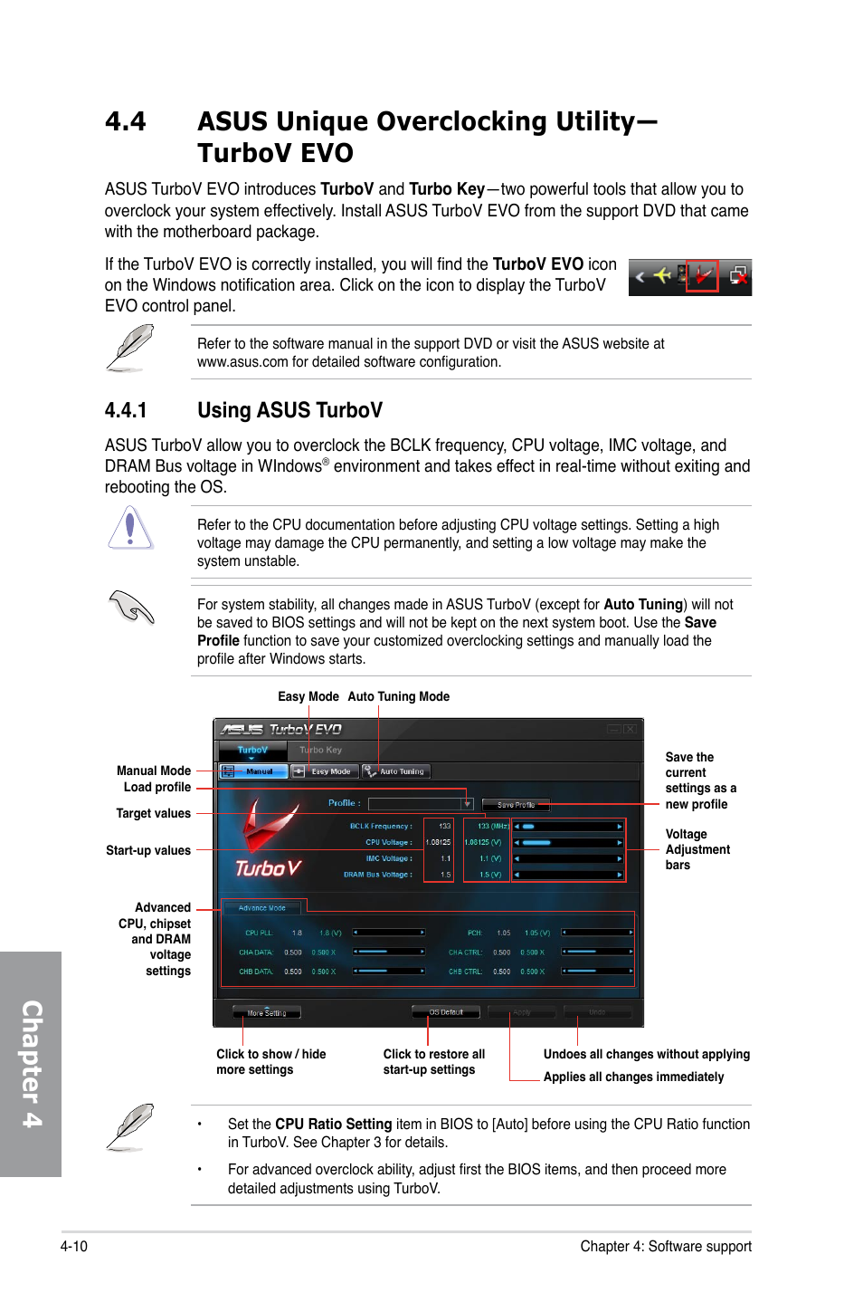 4 asus unique overclocking utility— turbov evo, 1 using asus turbov, Using asus turbov -10 | Asus P7P55D EVO User Manual | Page 108 / 128