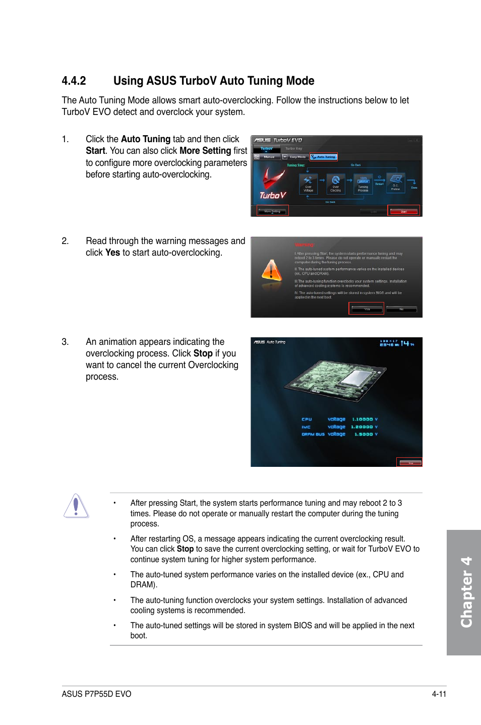 2 using asus turbov auto tuning mode, Using asus turbov auto tuning mode -11, Chapter 4 | Asus P7P55D EVO User Manual | Page 109 / 128