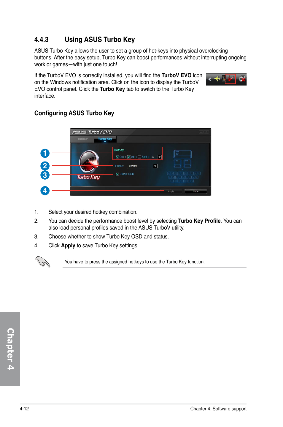 3 using asus turbo key, Using asus turbo key -12, Chapter 4 | Asus P7P55D EVO User Manual | Page 110 / 128