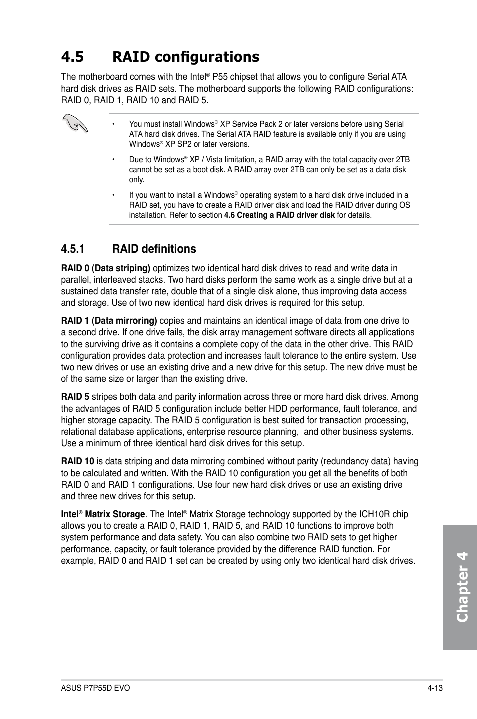 5 raid configurations, 1 raid definitions, Raid configurations -13 4.5.1 | Raid definitions -13, Chapter 4 4.5 raid configurations | Asus P7P55D EVO User Manual | Page 111 / 128