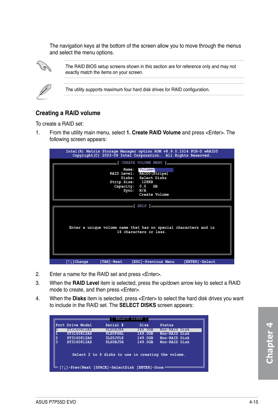 Chapter 4, Creating a raid volume | Asus P7P55D EVO User Manual | Page 113 / 128