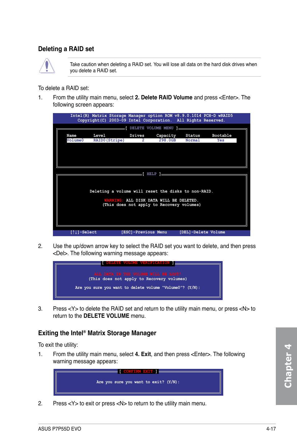 Chapter 4, Deleting a raid set, Exiting the intel | Matrix storage manager | Asus P7P55D EVO User Manual | Page 115 / 128