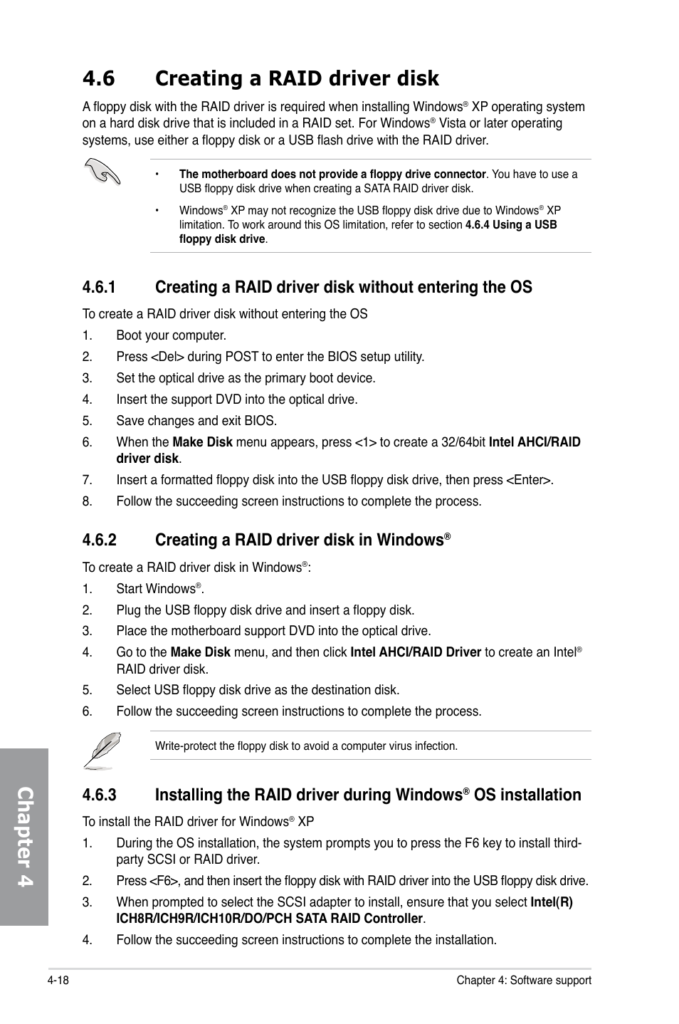 6 creating a raid driver disk, 2 creating a raid driver disk in windows, Creating a raid driver disk -18 4.6.1 | Creating a raid driver disk in windows, Installing the raid driver during windows, Os installation -18, Chapter 4 4.6 creating a raid driver disk, 3 installing the raid driver during windows, Os installation | Asus P7P55D EVO User Manual | Page 116 / 128