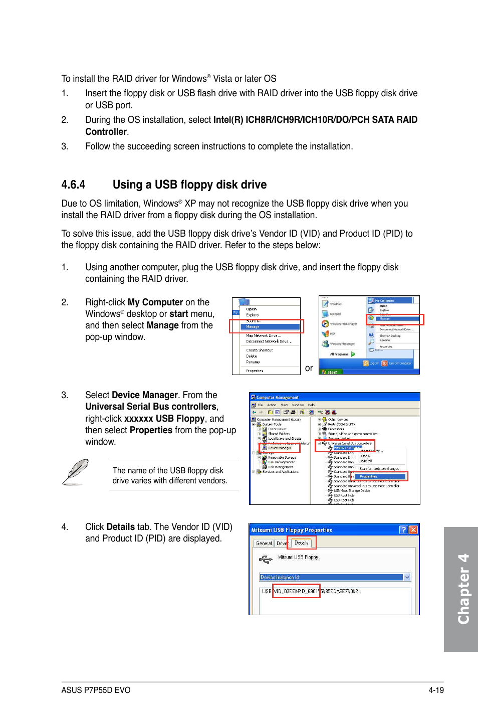 4 using a usb floppy disk drive, Using a usb floppy disk drive -19, Chapter 4 | Asus P7P55D EVO User Manual | Page 117 / 128