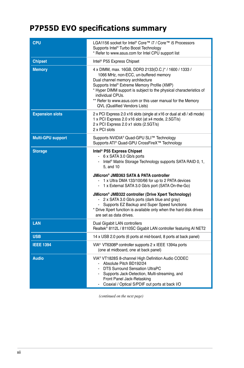 P7p55d evo specifications summary | Asus P7P55D EVO User Manual | Page 12 / 128