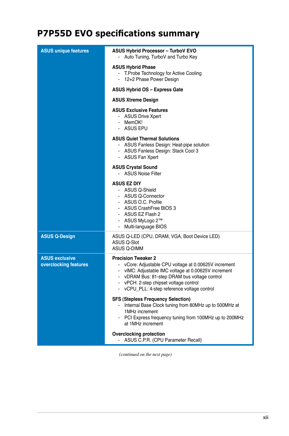 P7p55d evo specifications summary | Asus P7P55D EVO User Manual | Page 13 / 128