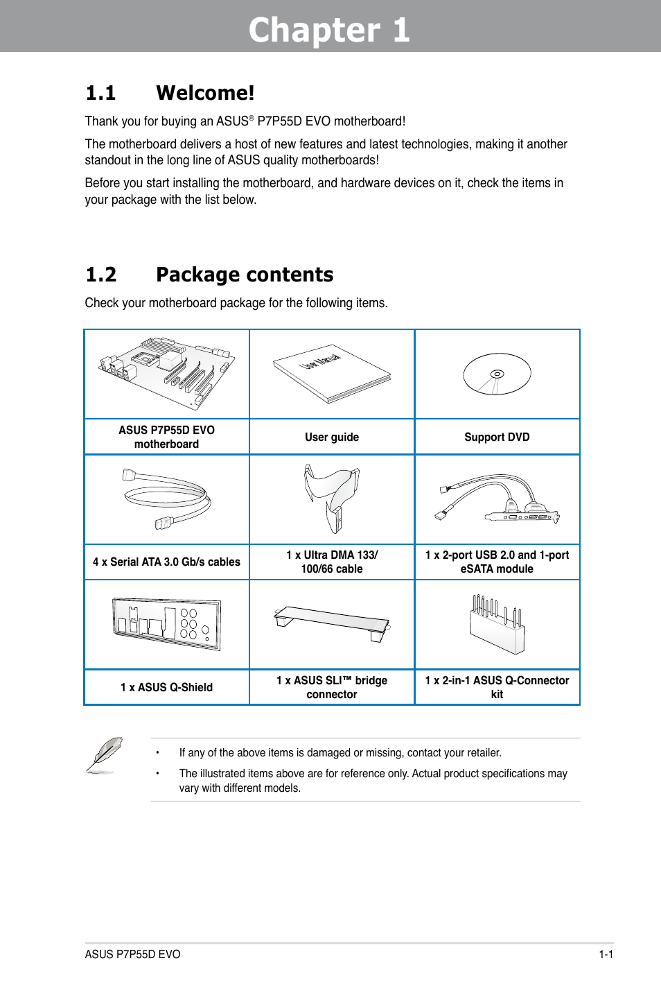 Chapter 1: product introduction, 1 welcome, 2 package contents | Chapter 1, Product introduction, Welcome! -1, Package contents -1, Chapter 1 1.1 welcome | Asus P7P55D EVO User Manual | Page 15 / 128