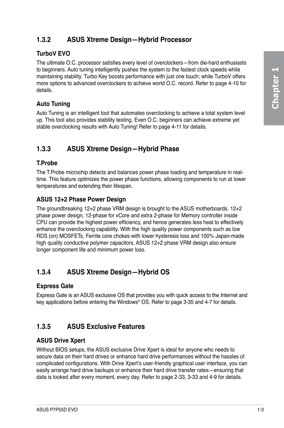 2 asus xtreme design—hybrid processor, 3 asus xtreme design—hybrid phase, 4 asus xtreme design—hybrid os | 5 asus exclusive features, Asus xtreme design—hybrid processor -3, Asus xtreme design—hybrid phase -3, Asus xtreme design—hybrid os -3, Asus exclusive features -3, Chapter 1 | Asus P7P55D EVO User Manual | Page 17 / 128