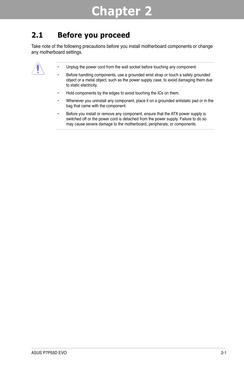 Chapter 2: hardware information, 1 before you proceed, Chapter 2 | Hardware information, Before you proceed -1, Chapter 2 2.1 before you proceed | Asus P7P55D EVO User Manual | Page 21 / 128