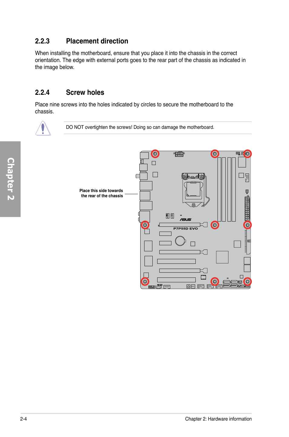 3 placement direction, 4 screw holes, Placement direction -4 | Screw holes -4, Chapter 2 | Asus P7P55D EVO User Manual | Page 24 / 128