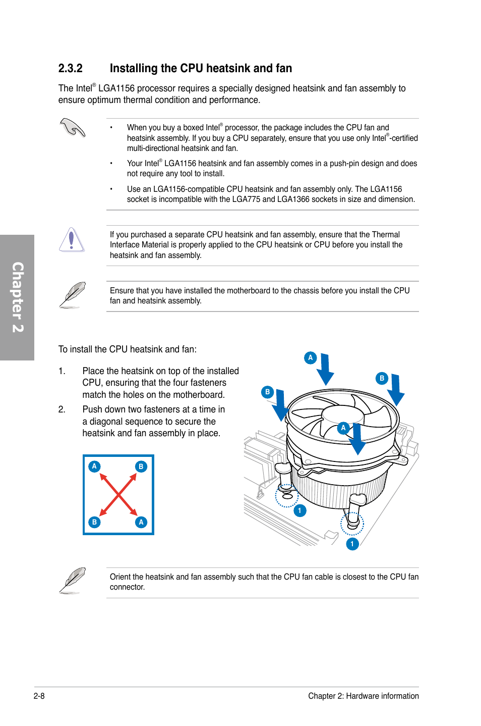 2 installing the cpu heatsink and fan, Installing the cpu heatsink and fan -8, Chapter 2 | Asus P7P55D EVO User Manual | Page 28 / 128