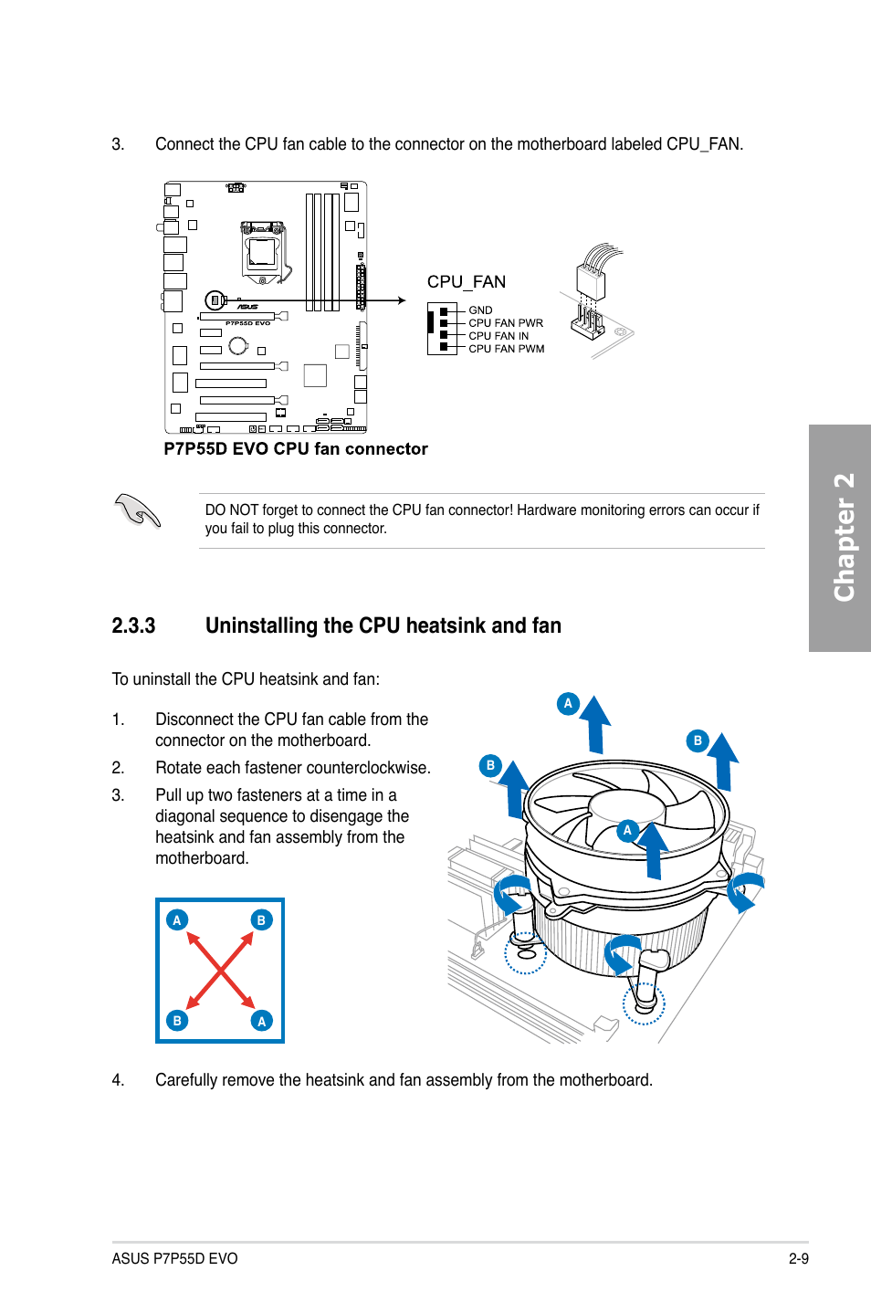 3 uninstalling the cpu heatsink and fan, Uninstalling the cpu heatsink and fan -9, Chapter 2 | Asus P7P55D EVO User Manual | Page 29 / 128