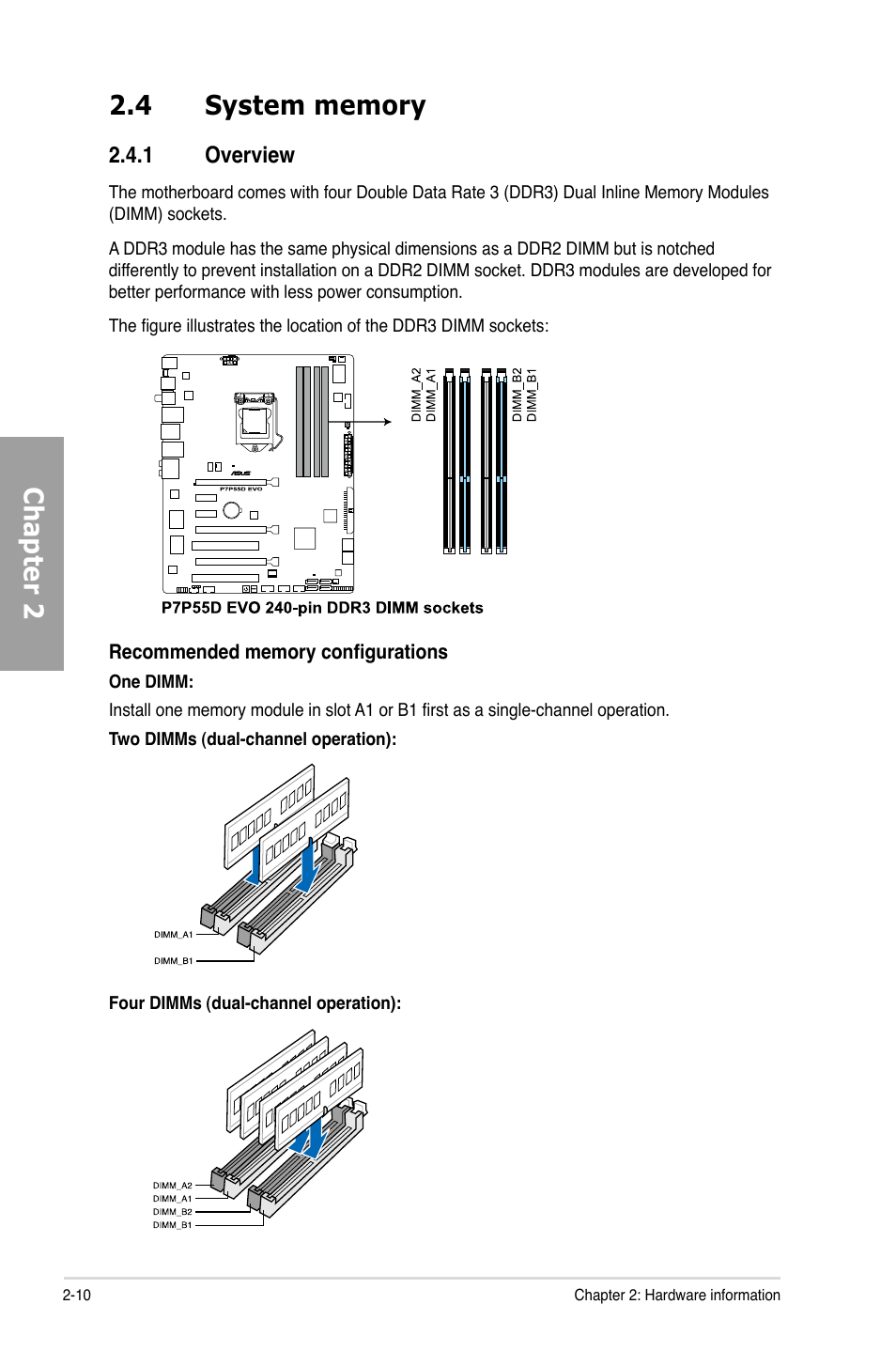 4 system memory, 1 overview, System memory -10 2.4.1 | Overview -10 | Asus P7P55D EVO User Manual | Page 30 / 128