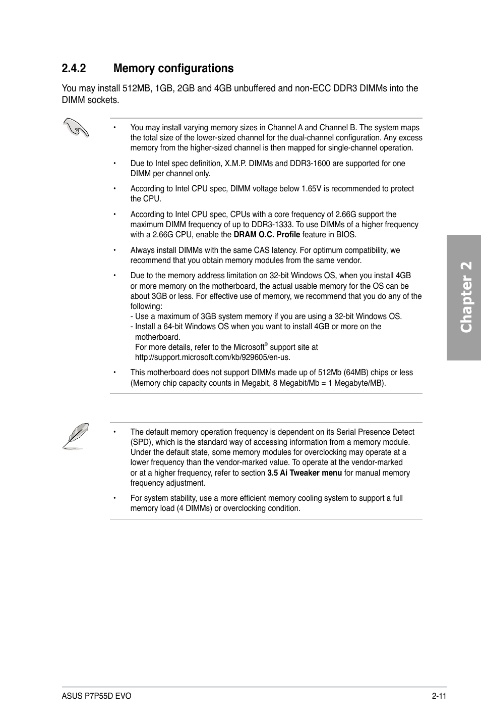 2 memory configurations, Memory configurations -11, Chapter 2 | Asus P7P55D EVO User Manual | Page 31 / 128