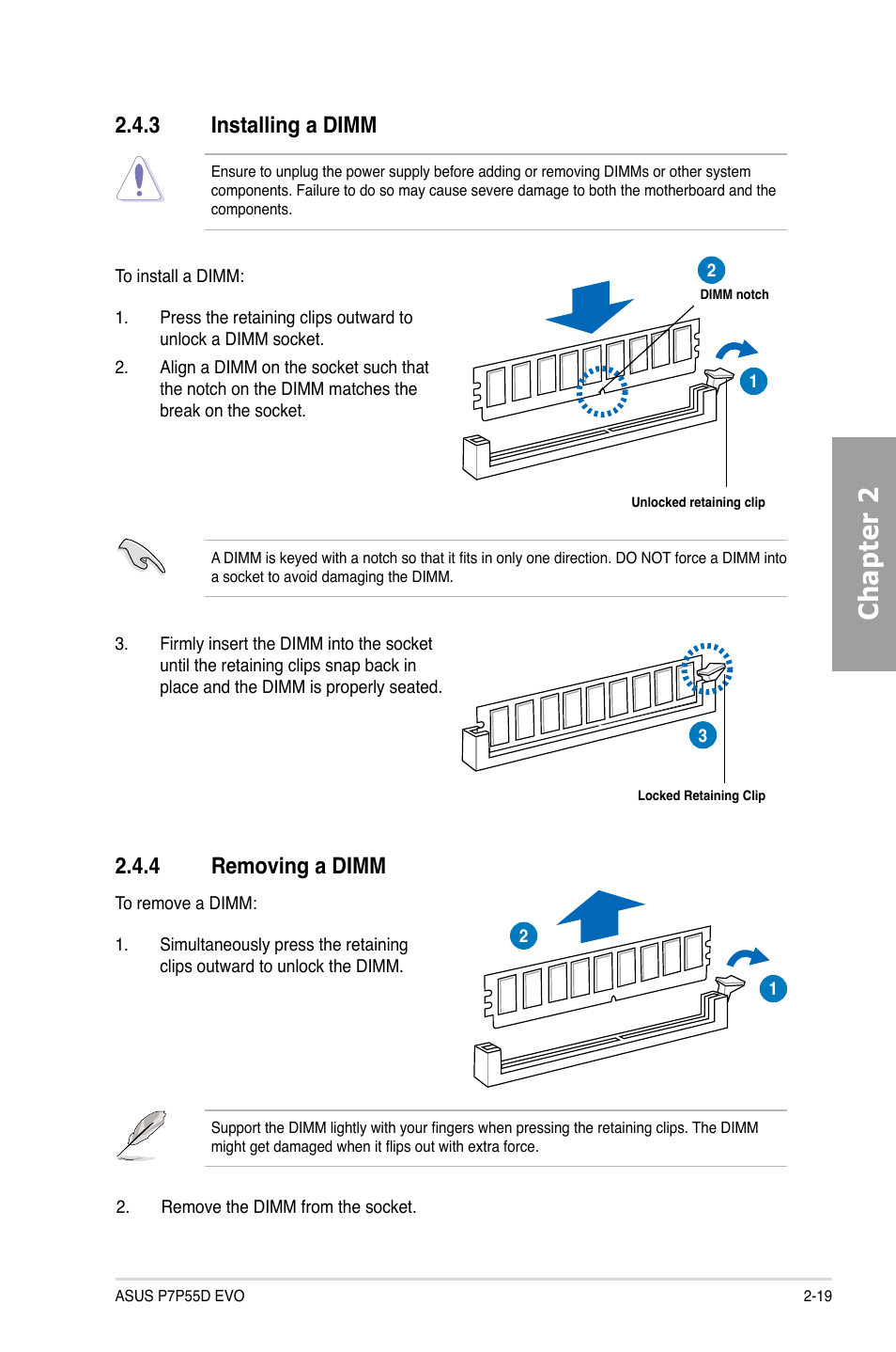 3 installing a dimm, 4 removing a dimm, Installing a dimm -19 | Removing a dimm -19, Chapter 2 | Asus P7P55D EVO User Manual | Page 39 / 128