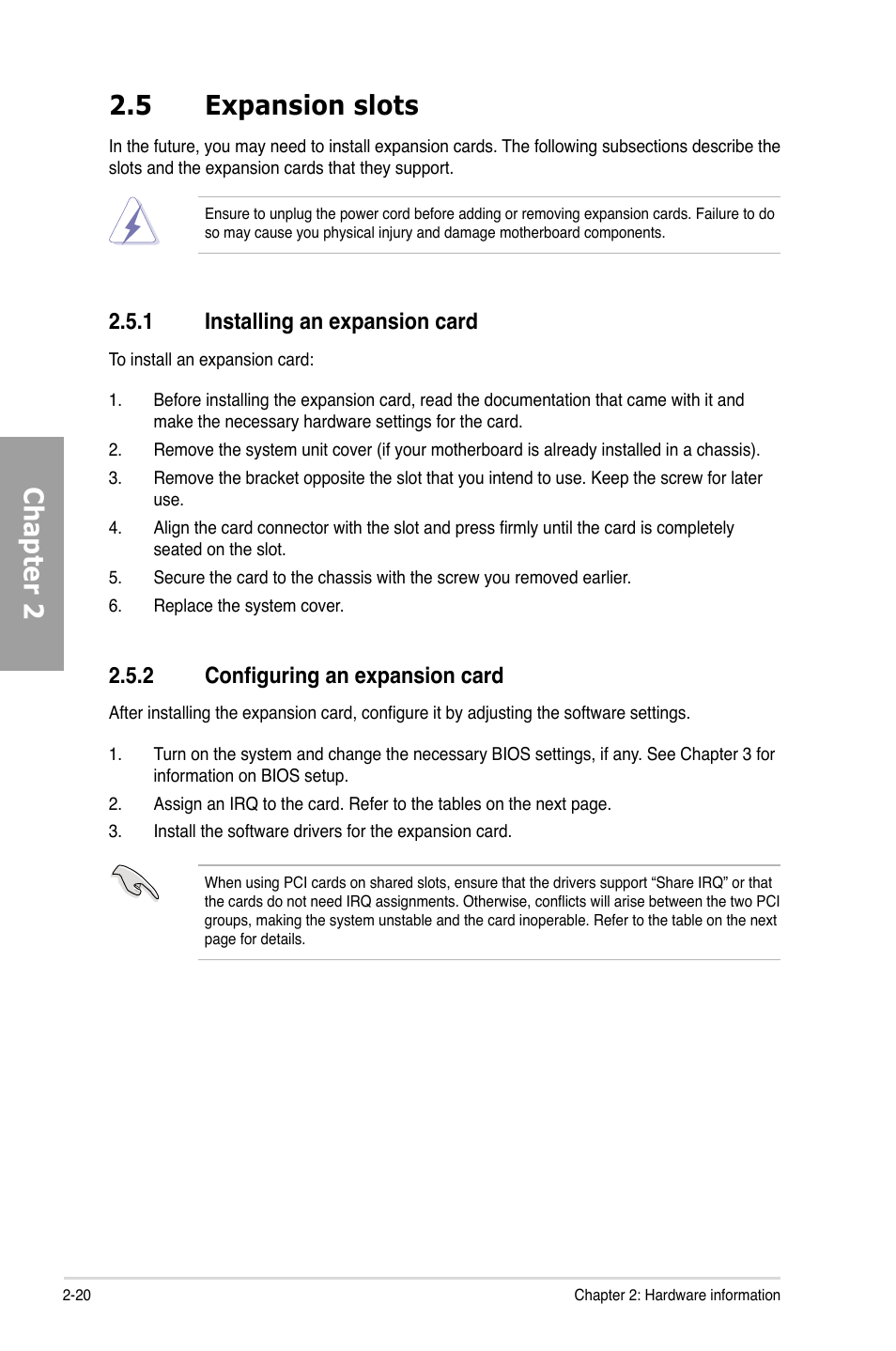 5 expansion slots, 1 installing an expansion card, 2 configuring an expansion card | Expansion slots -20 2.5.1, Installing an expansion card -20, Configuring an expansion card -20, Chapter 2 2.5 expansion slots | Asus P7P55D EVO User Manual | Page 40 / 128