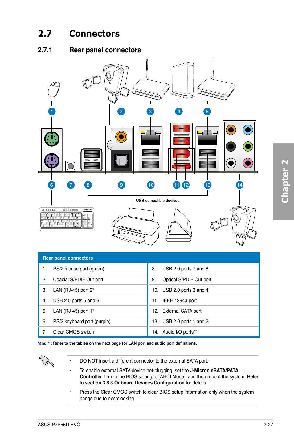 7 connectors, 1 rear panel connectors, Connectors -27 2.7.1 | Rear panel connectors -27, Chapter 2 2.7 connectors | Asus P7P55D EVO User Manual | Page 47 / 128