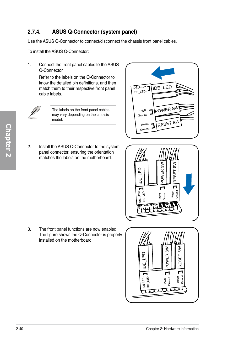 Asus q-connector (system panel), Asus q-connector (system panel) -40, Chapter 2 | Asus P7P55D EVO User Manual | Page 60 / 128