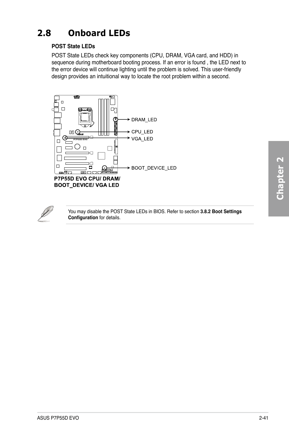 8 onboard leds, Onboard leds -41, Chapter 2 2.8 onboard leds | Asus P7P55D EVO User Manual | Page 61 / 128