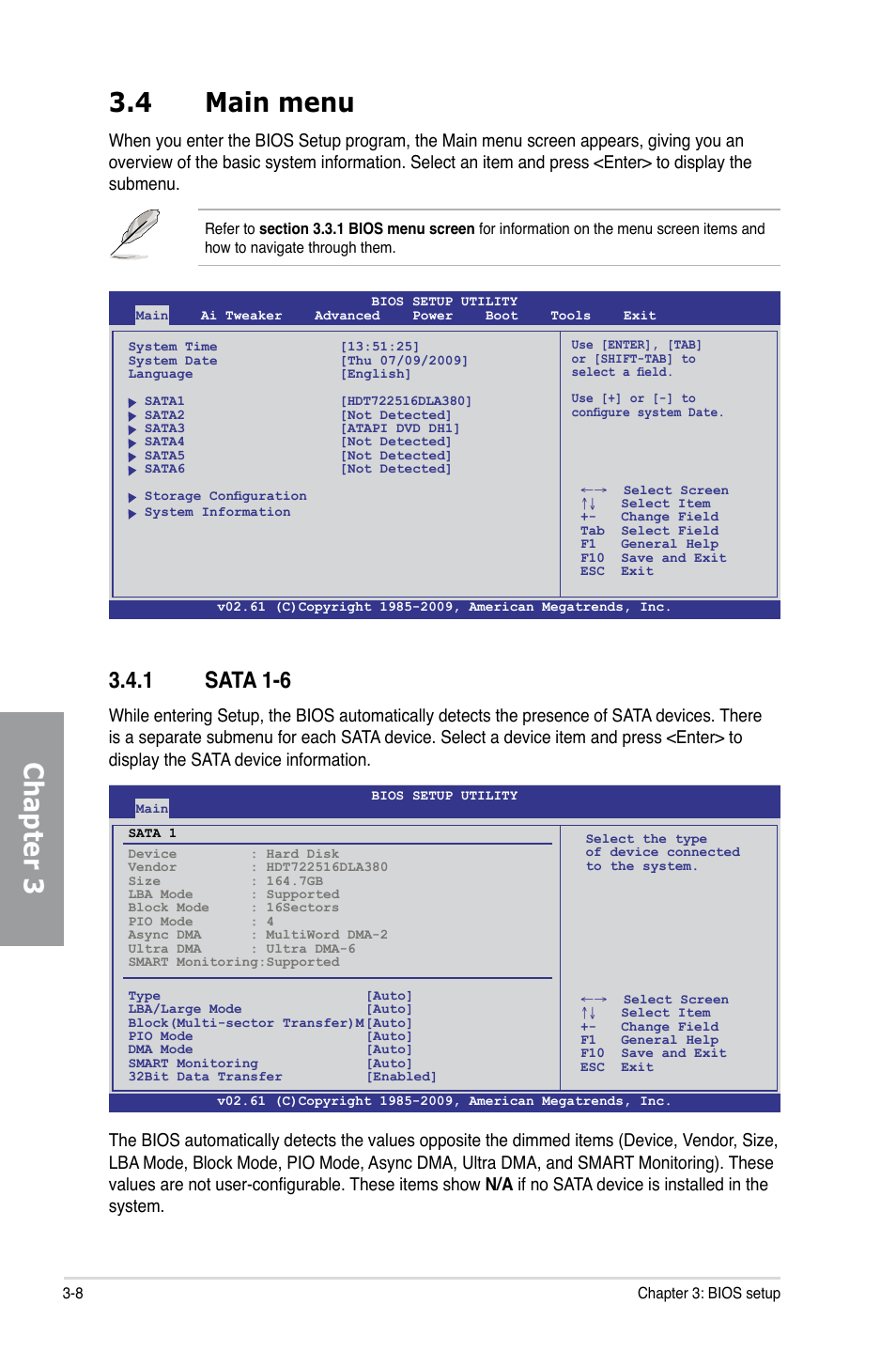 4 main menu, 1 sata 1-6, Main menu -8 3.4.1 | Sata 1-6 -8, Chapter 3 3.4 main menu | Asus P7P55D EVO User Manual | Page 70 / 128