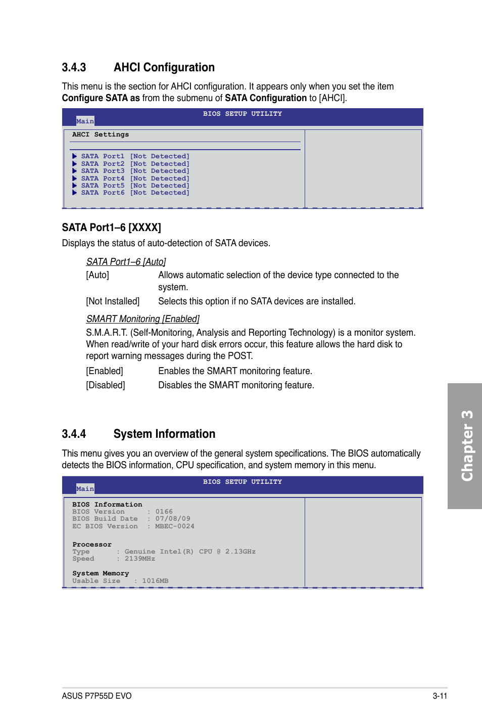 3 ahci configuration, 4 system information, Ahci configuration -11 | System information -11, Chapter 3 | Asus P7P55D EVO User Manual | Page 73 / 128