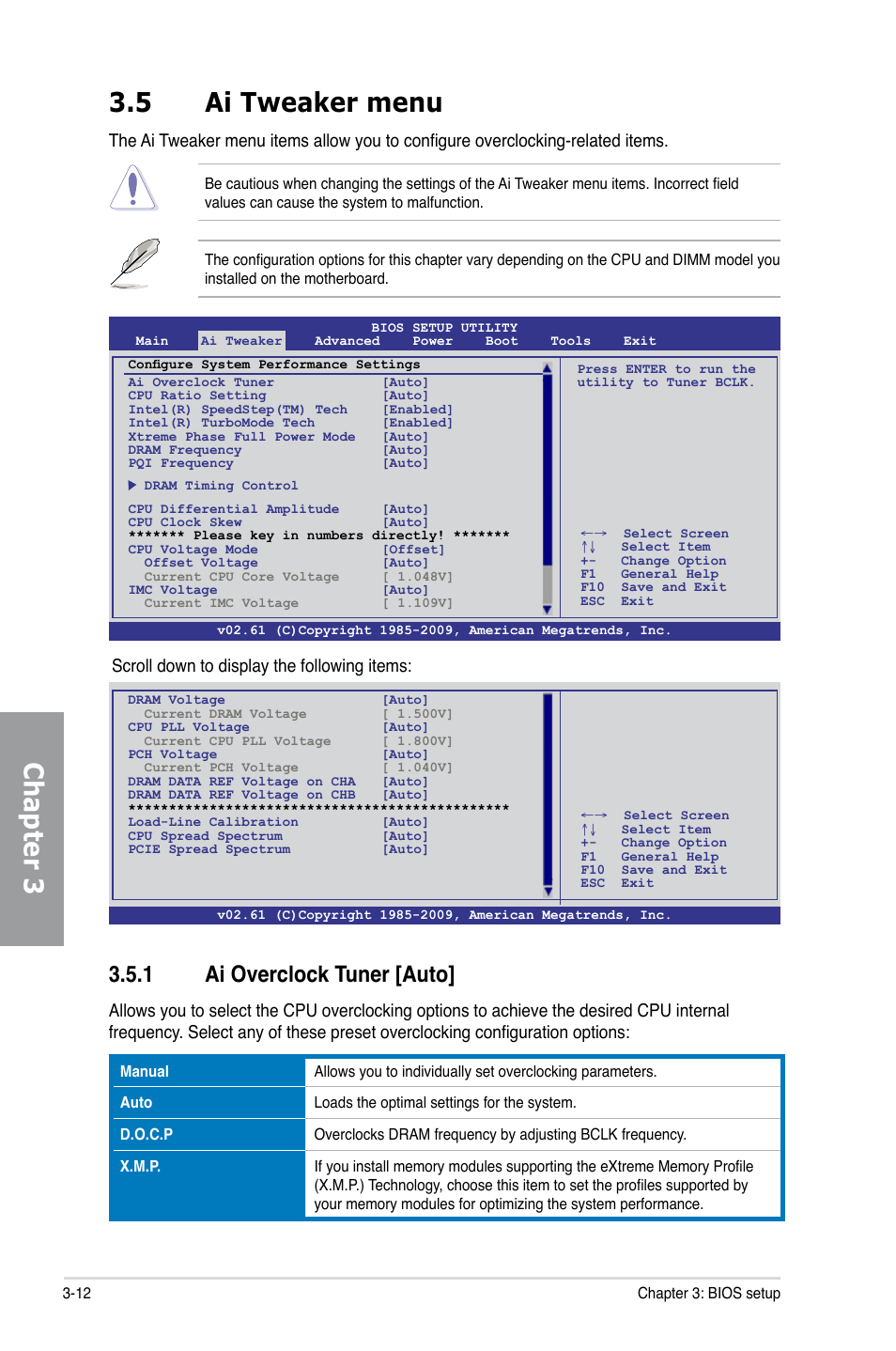 5 ai tweaker menu, 1 ai overclock tuner [auto, Ai tweaker menu -12 3.5.1 | Ai overclock tuner [auto] -12, Chapter 3 3.5 ai tweaker menu, Scroll down to display the following items | Asus P7P55D EVO User Manual | Page 74 / 128