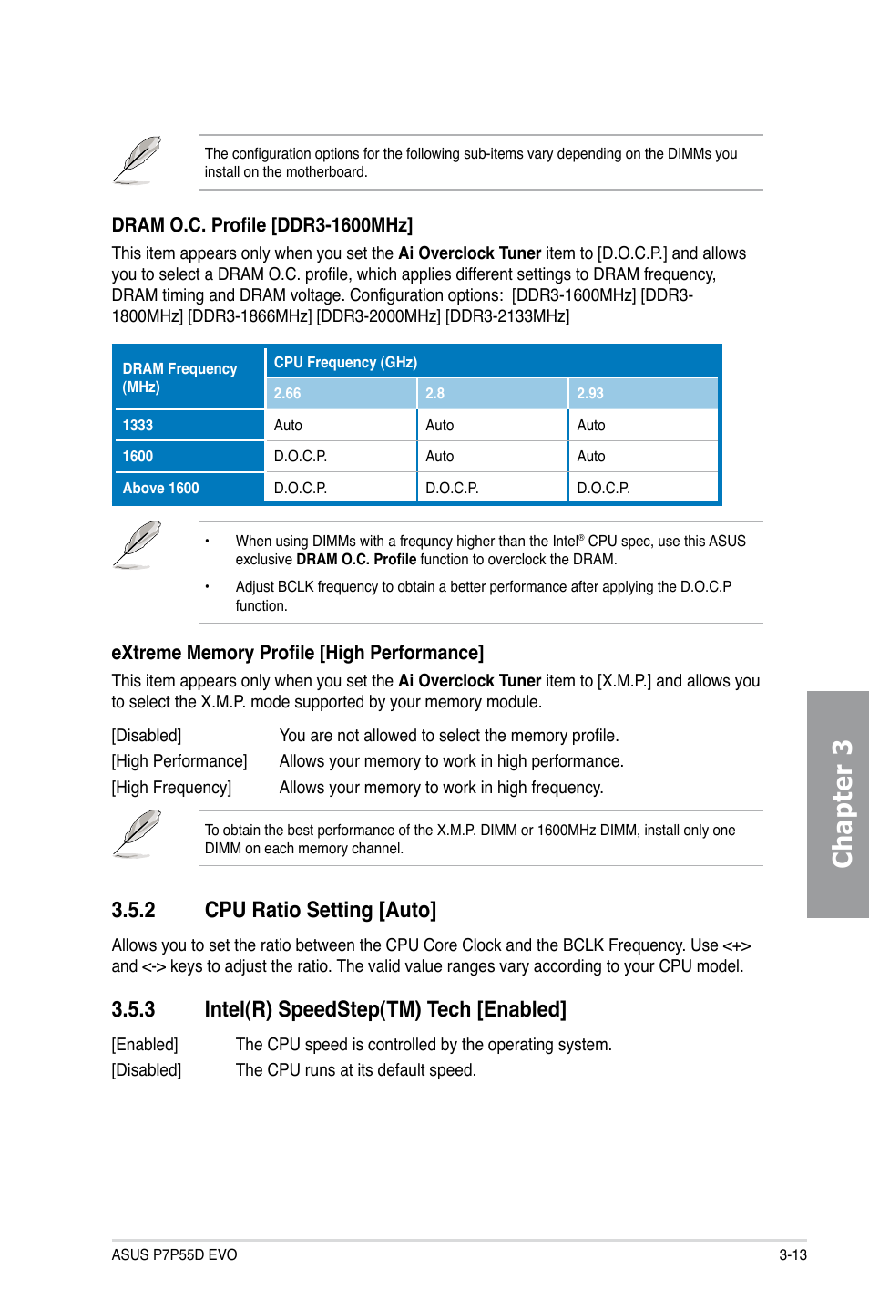 2 cpu ratio setting [auto, 3 intel(r) speedstep(tm) tech [enabled, Cpu ratio setting [auto] -13 | Intel(r) speedstep(tm) tech [enabled] -13, Chapter 3 | Asus P7P55D EVO User Manual | Page 75 / 128