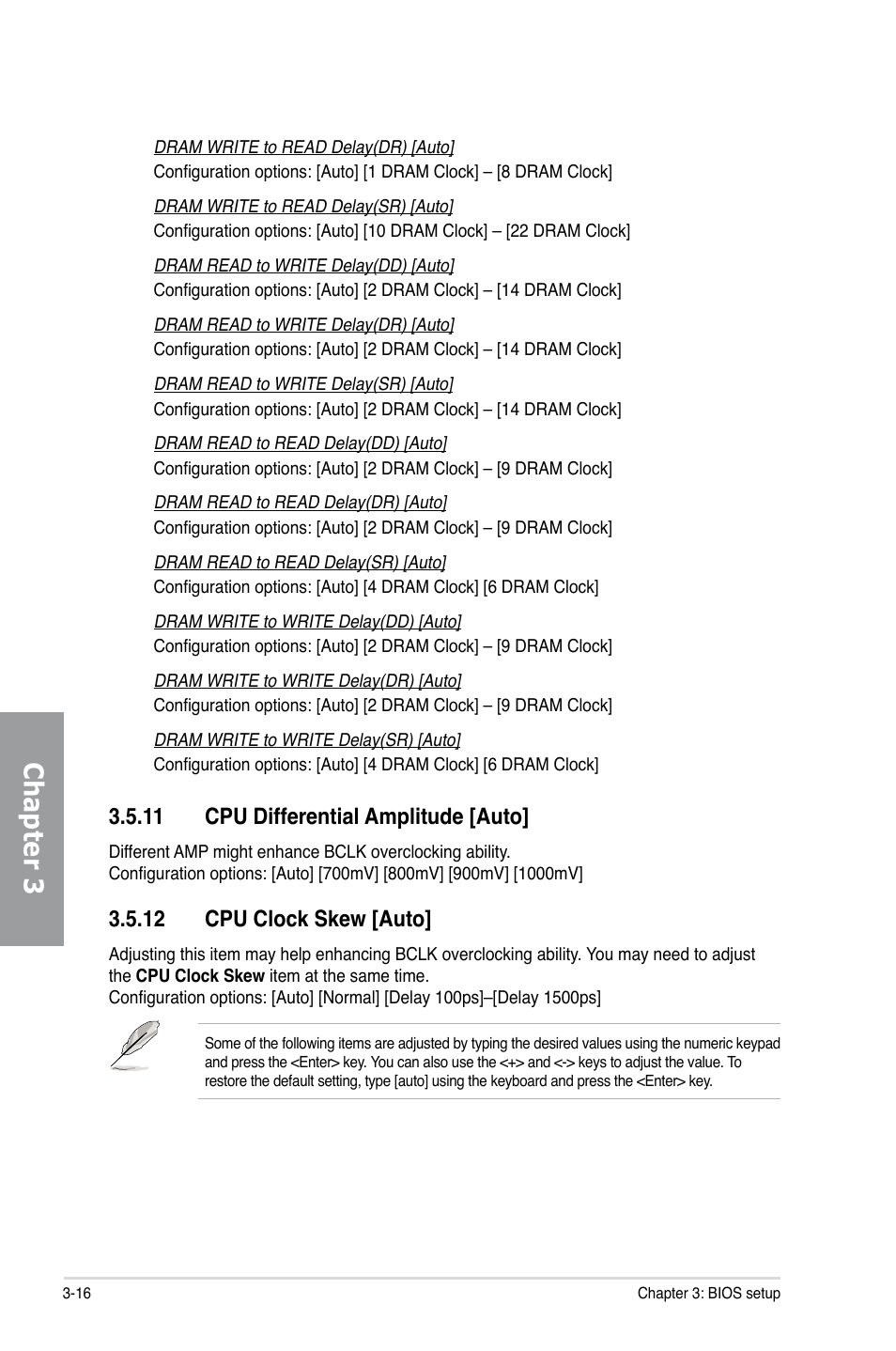 11 cpu differential amplitude [auto, 12 cpu clock skew [auto, Cpu differential amplitude [auto] -16 | Cpu clock skew [auto] -16, Chapter 3 | Asus P7P55D EVO User Manual | Page 78 / 128
