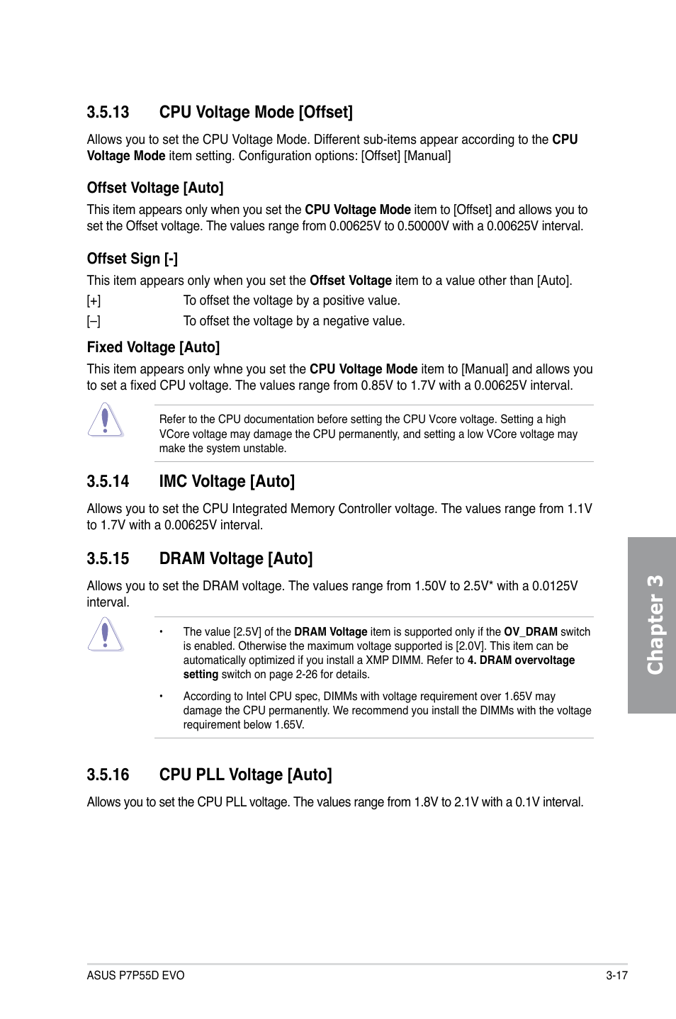 13 cpu voltage mode [offset, 14 imc voltage [auto, 15 dram voltage [auto | 16 cpu pll voltage [auto, Cpu voltage mode [offset] -17, Imc voltage [auto] -17, Dram voltage [auto] -17, Cpu pll voltage [auto] -17, Chapter 3 | Asus P7P55D EVO User Manual | Page 79 / 128