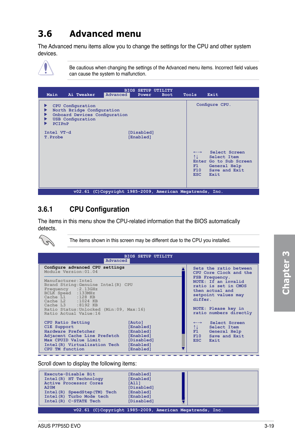 6 advanced menu, 1 cpu configuration, Advanced menu -19 3.6.1 | Cpu configuration -19, Chapter 3, Scroll down to display the following items | Asus P7P55D EVO User Manual | Page 81 / 128