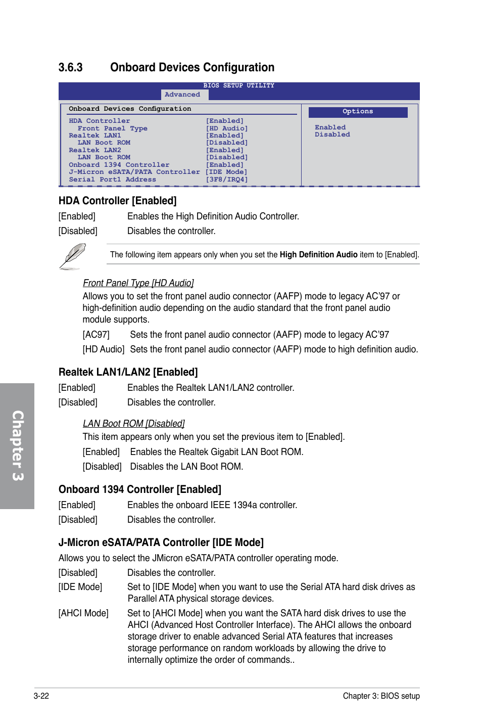 3 onboard devices configuration, Onboard devices configuration -22, Chapter 3 | Hda controller [enabled, Realtek lan1/lan2 [enabled, Onboard 1394 controller [enabled, J-micron esata/pata controller [ide mode | Asus P7P55D EVO User Manual | Page 84 / 128