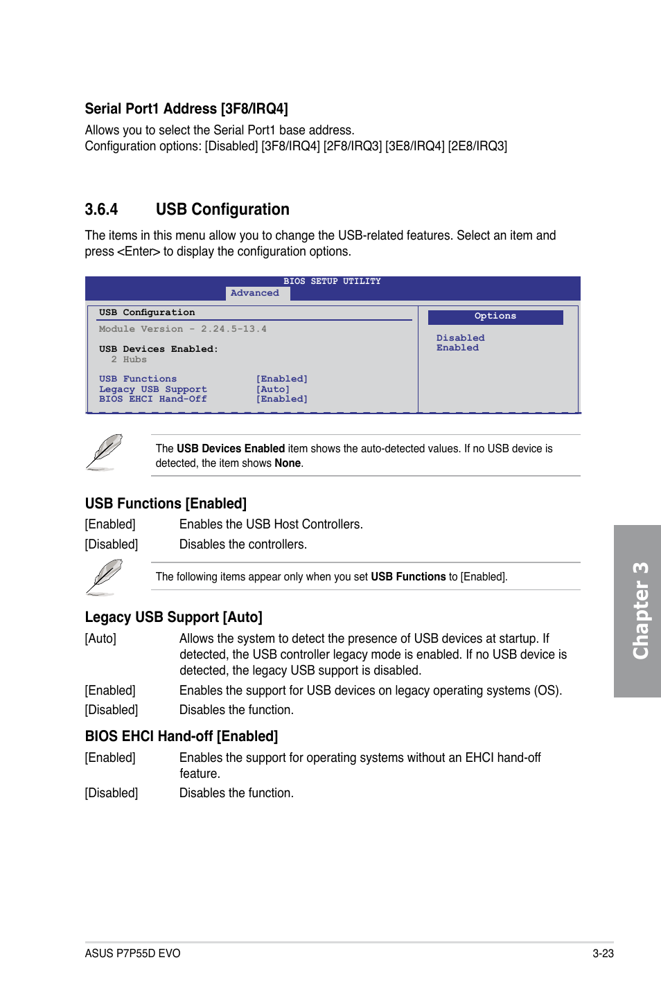 4 usb configuration, Usb configuration -23, Chapter 3 | Asus P7P55D EVO User Manual | Page 85 / 128