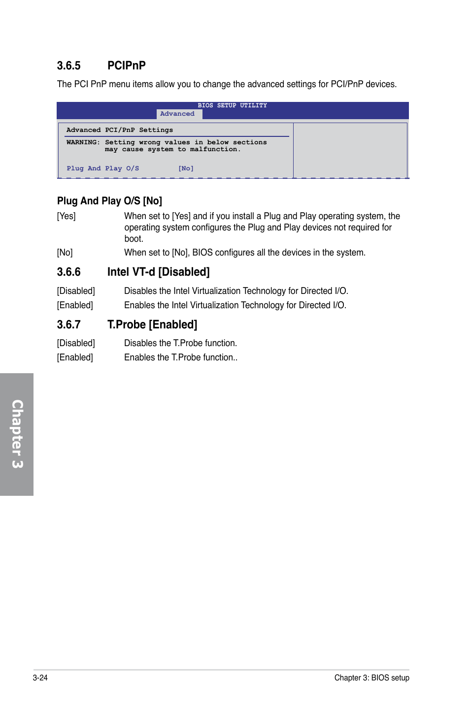 5 pcipnp, 6 intel vt-d [disabled, 7 t.probe [enabled | Pcipnp -24, Intel vt-d [disabled] -24, T.probe [enabled] -24, Chapter 3 | Asus P7P55D EVO User Manual | Page 86 / 128