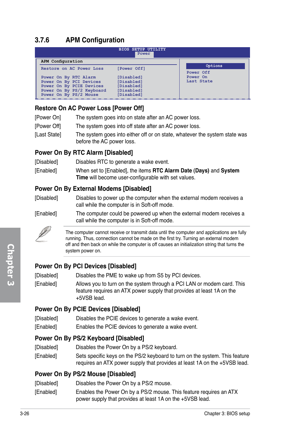 6 apm configuration, Apm configuration -26, Chapter 3 | Asus P7P55D EVO User Manual | Page 88 / 128