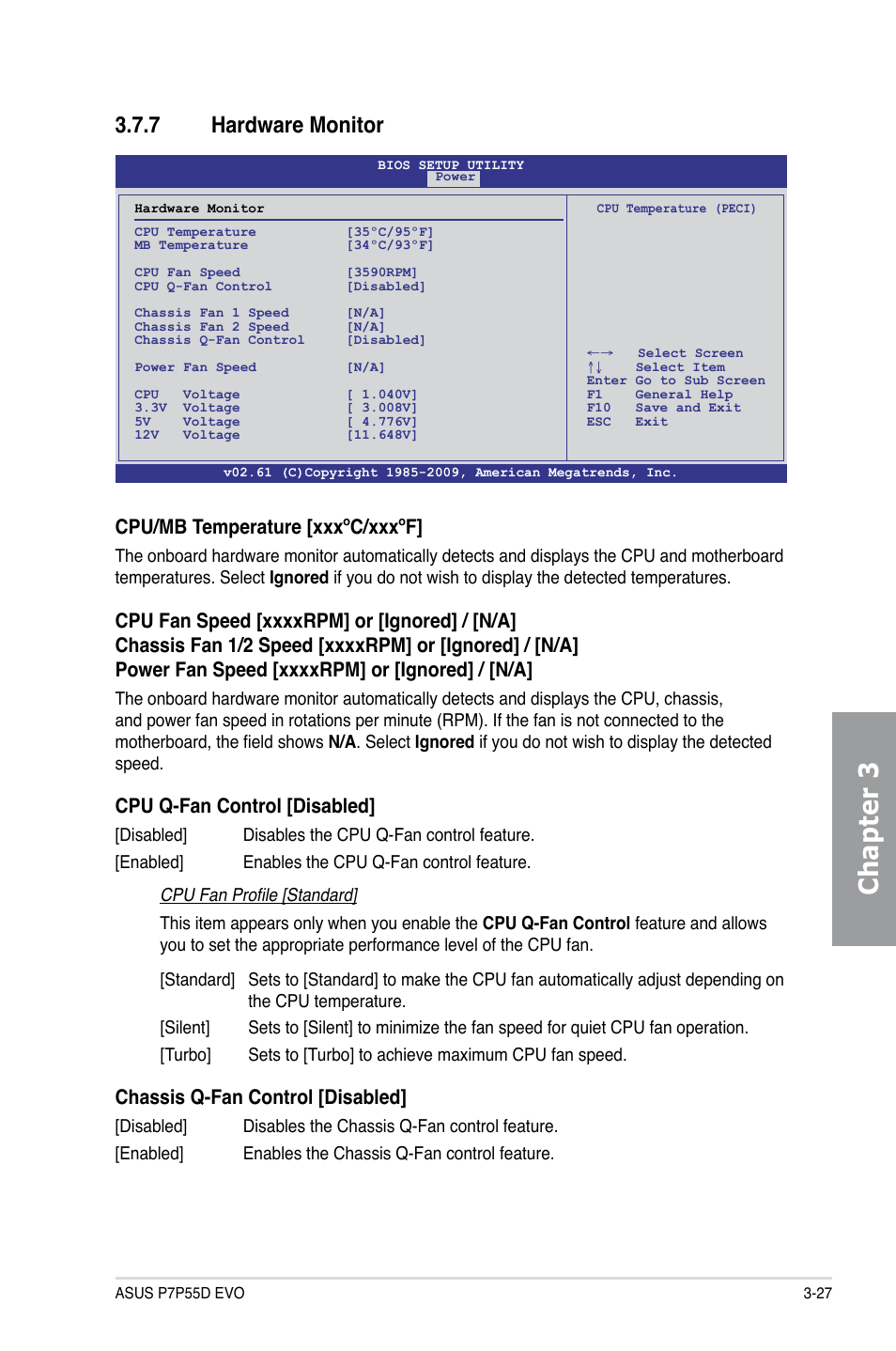 7 hardware monitor, Hardware monitor -27, Chapter 3 | Cpu/mb temperature [xxxºc/xxxºf, Cpu q-fan control [disabled, Chassis q-fan control [disabled | Asus P7P55D EVO User Manual | Page 89 / 128