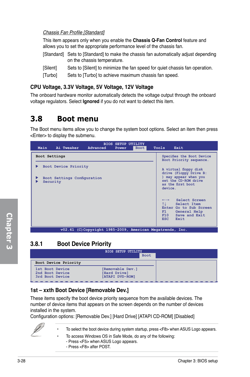 8 boot menu, 1 boot device priority, Boot menu -28 3.8.1 | Boot device priority -28, Chapter 3 3.8 boot menu, 1st – xxth boot device [removable dev | Asus P7P55D EVO User Manual | Page 90 / 128