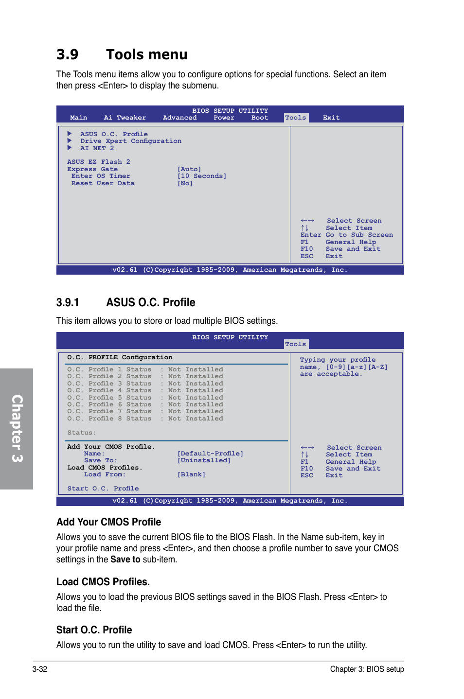 9 tools menu, 1 asus o.c. profile, Tools menu -32 3.9.1 | Asus o.c. profile -32, Chapter 3 3.9 tools menu, Add your cmos profile, Load cmos profiles, Start o.c. profile | Asus P7P55D EVO User Manual | Page 94 / 128