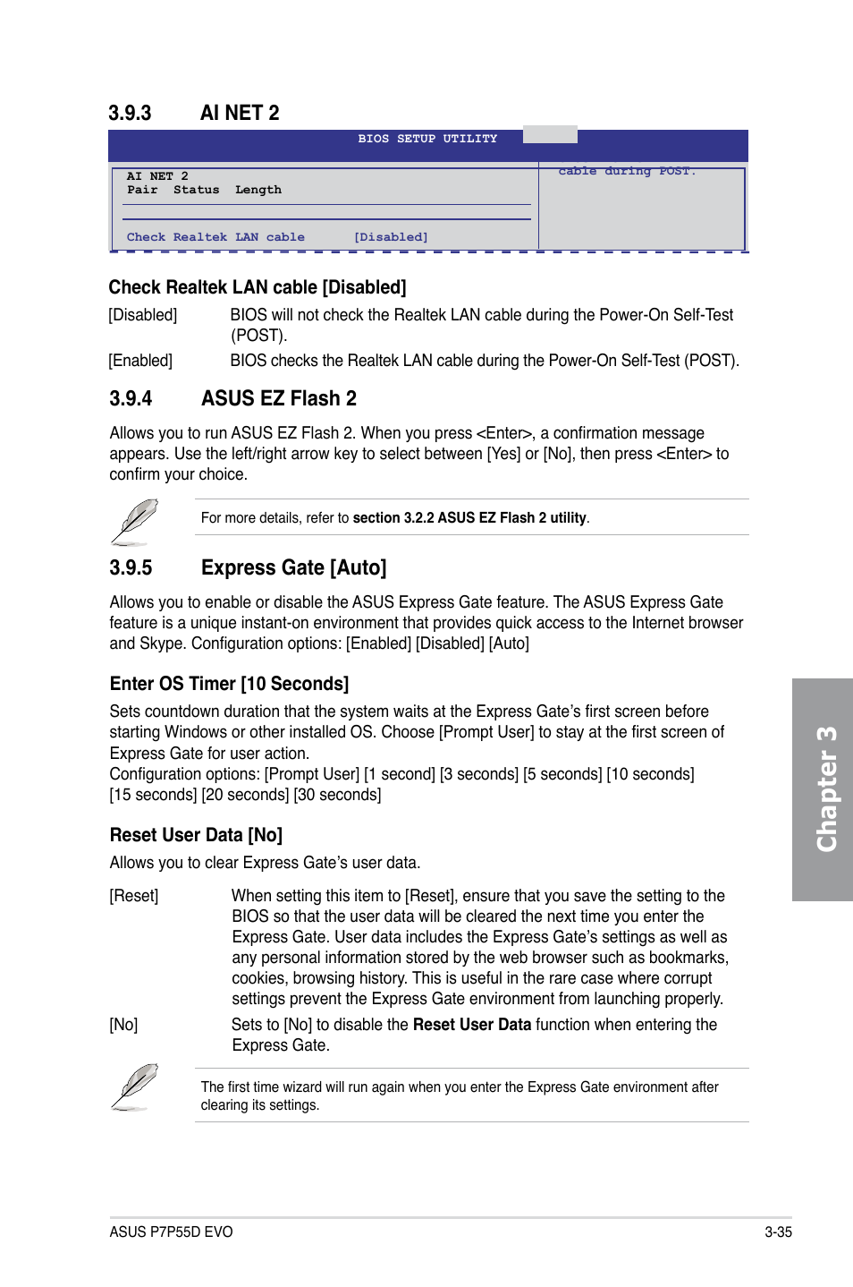 3 ai net 2, 4 asus ez flash 2, 5 express gate [auto | Ai net 2 -35, Asus ez flash 2 -35, Express gate [auto] -35, Chapter 3 | Asus P7P55D EVO User Manual | Page 97 / 128