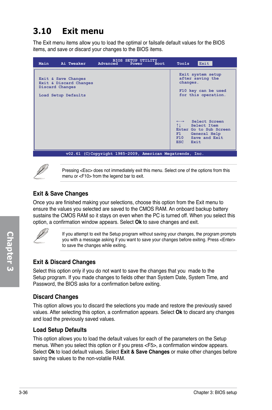 10 exit menu, Exit menu -36, Chapter 3 3.10 exit menu | Exit & save changes, Exit & discard changes, Discard changes, Load setup defaults | Asus P7P55D EVO User Manual | Page 98 / 128