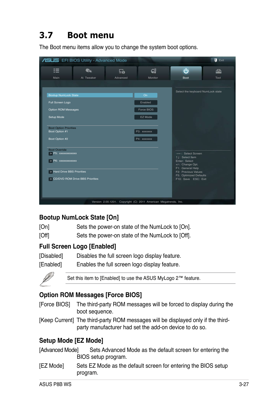 7 boot menu, Bootup numlock state [on, Full screen logo [enabled | Option rom messages [force bios, Setup mode [ez mode, Asus p8b ws 3-27 | Asus P8B WS User Manual | Page 103 / 148