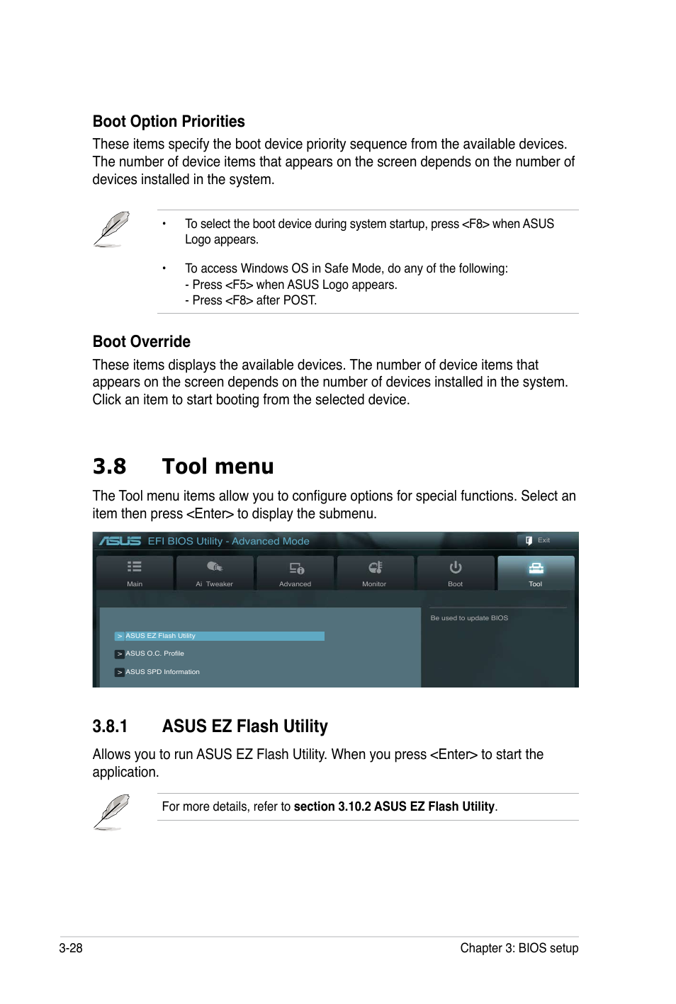 8 tool menu, 1 asus ez flash utility, Boot option priorities | Boot override | Asus P8B WS User Manual | Page 104 / 148