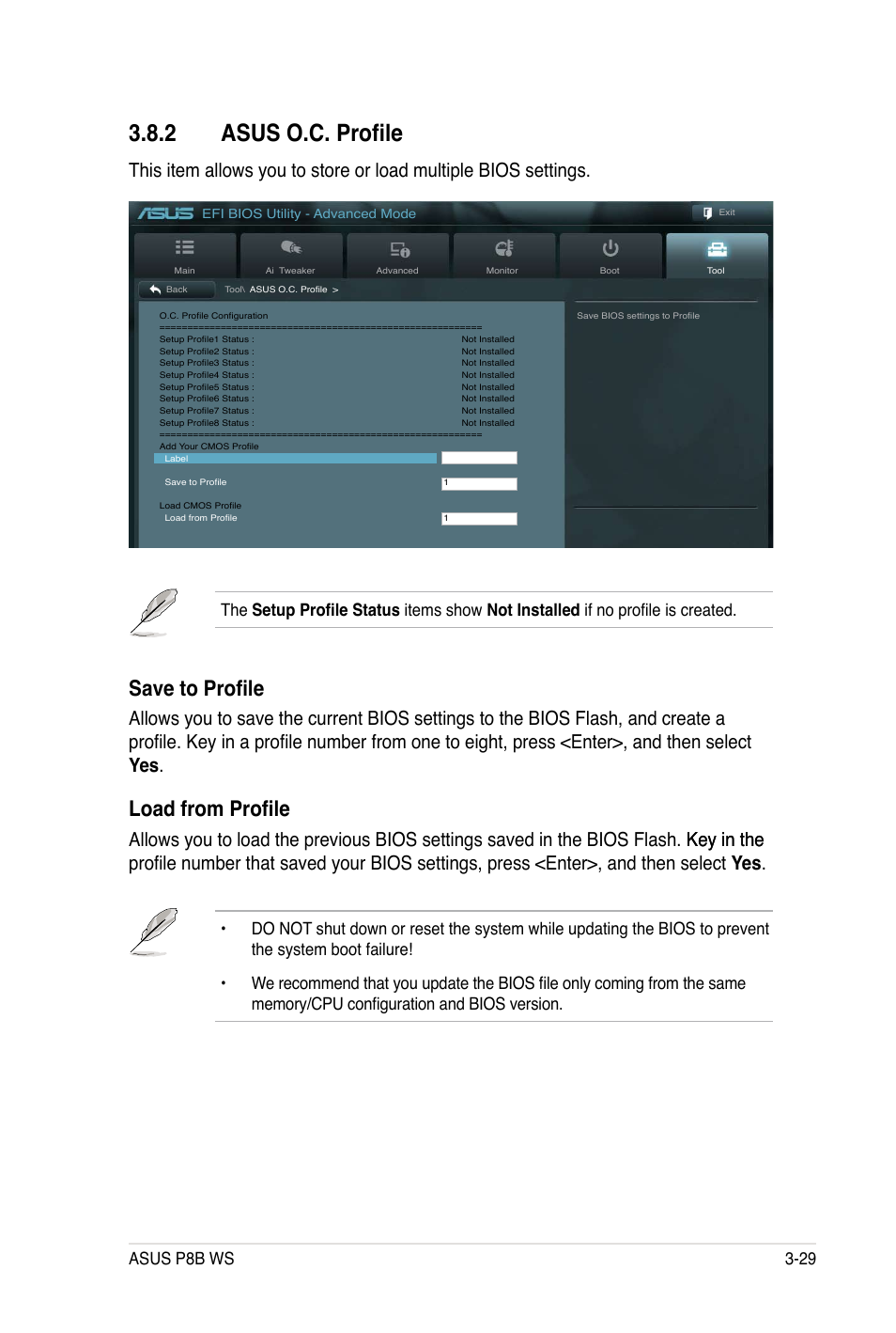 2 asus o.c. profile, Save to profile, Load from profile | Asus p8b ws 3-29 | Asus P8B WS User Manual | Page 105 / 148