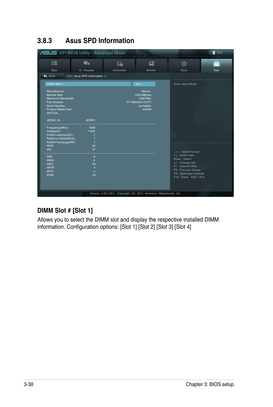 3 asus spd information, Dimm slot # [slot 1, 30 chapter 3: bios setup | Asus P8B WS User Manual | Page 106 / 148