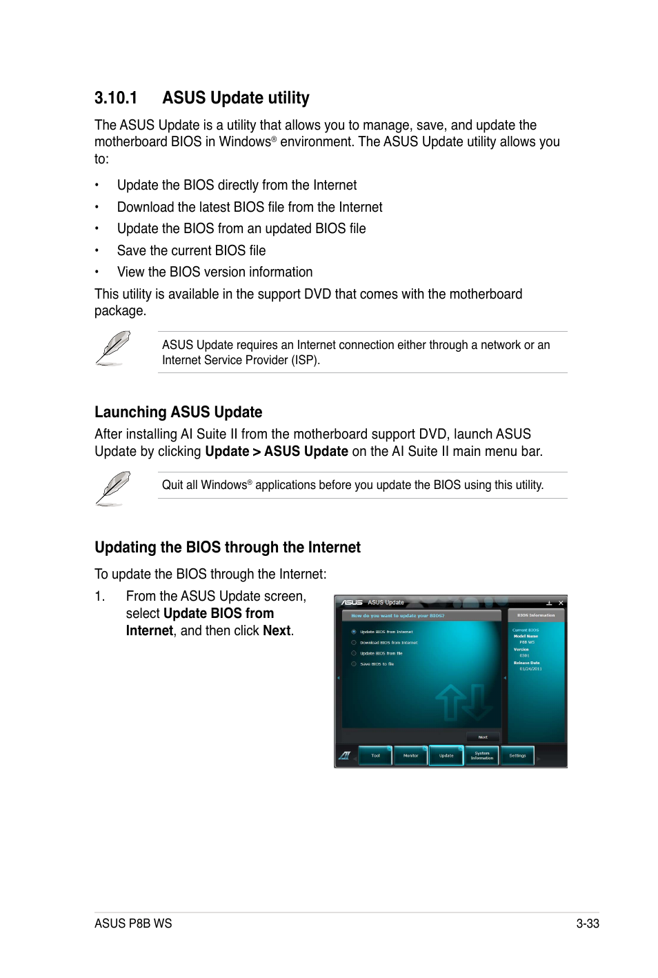 1 asus update utility, Launching asus update, Updating the bios through the internet | Asus P8B WS User Manual | Page 109 / 148