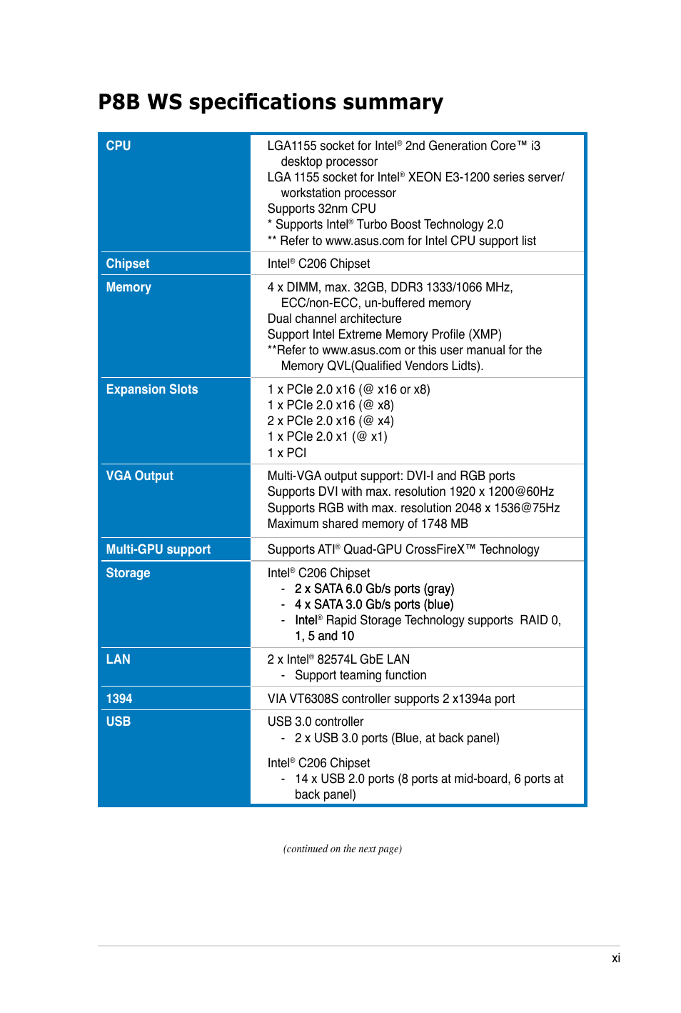 P8b ws specifications summary | Asus P8B WS User Manual | Page 11 / 148