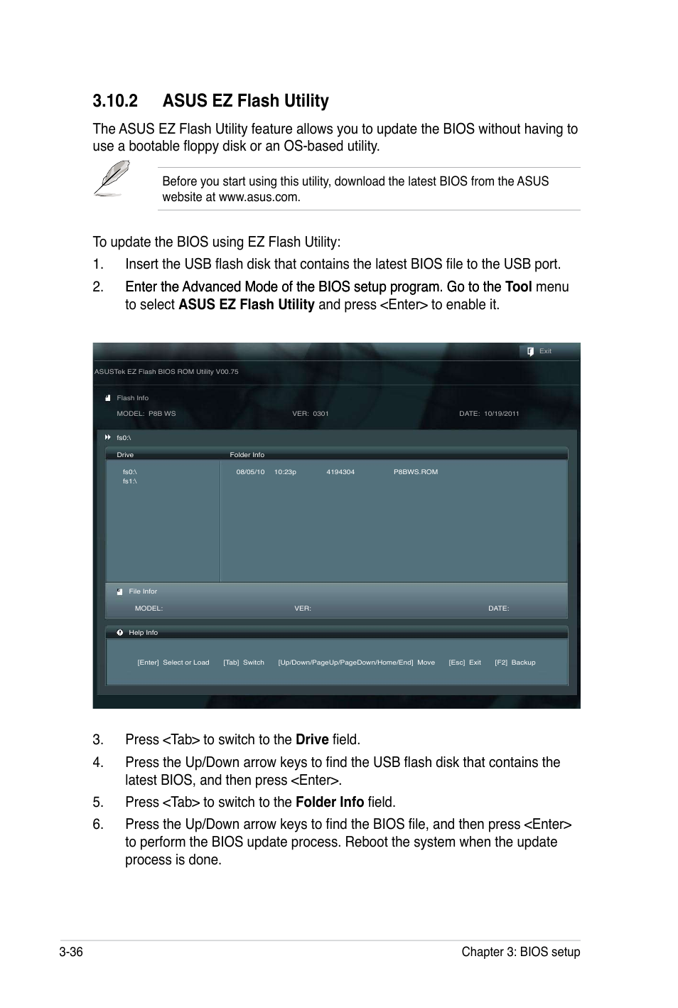 2 asus ez flash utility, 36 chapter 3: bios setup | Asus P8B WS User Manual | Page 112 / 148