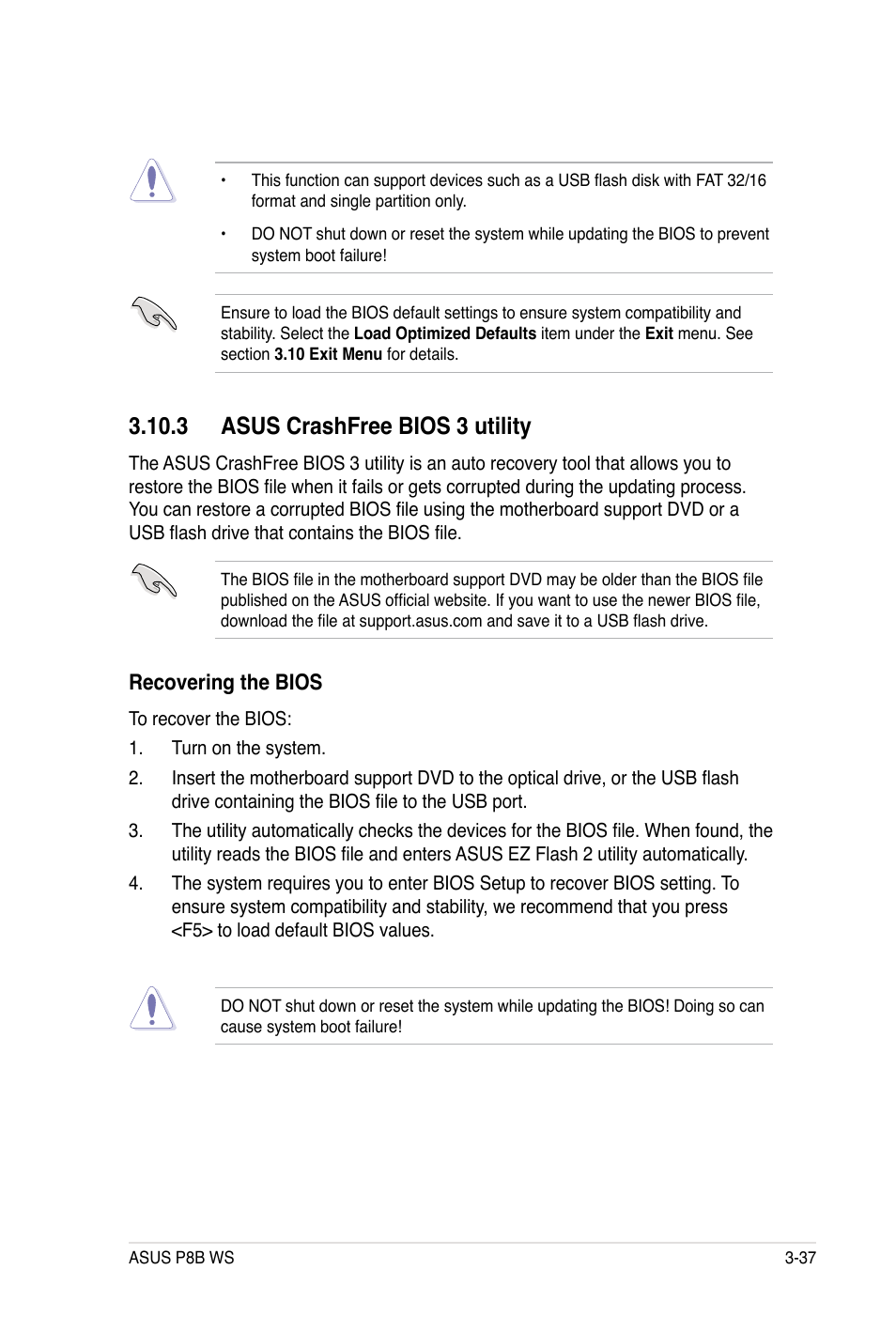 3 asus crashfree bios 3 utility, Recovering the bios | Asus P8B WS User Manual | Page 113 / 148